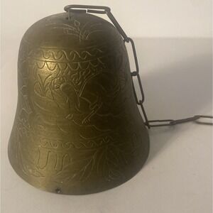 Vintage Chinese Large Etched Solid Brass Temple Bell Ritual Gong 7" Tall